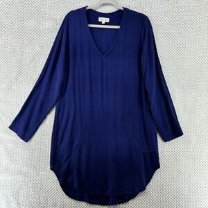 Cloth & Stone Dress M Blue Long Sleeves V-Neck Round Hem Knee Length Pockets